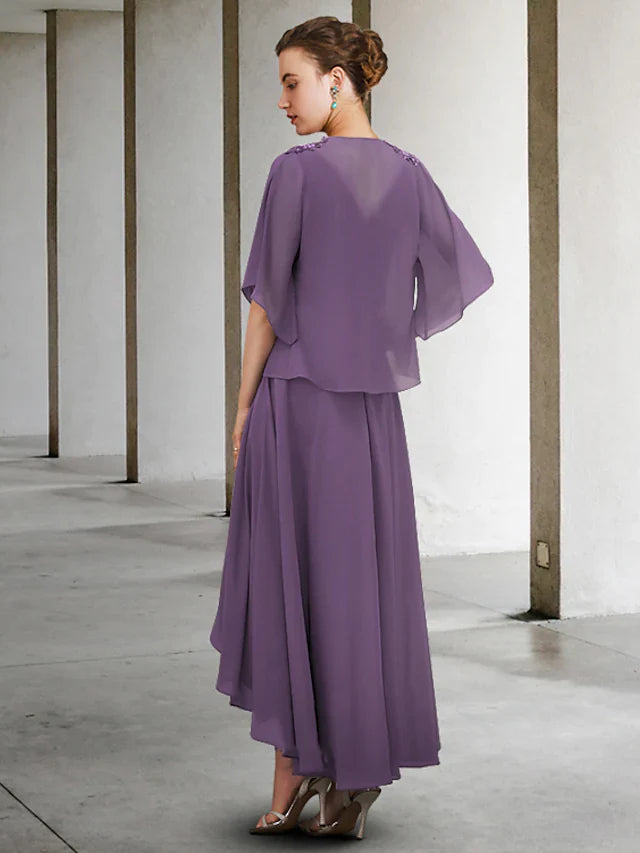 Wholesale Two Piece A-Line Mother of the Bride Dress Elegant V Neck Asymmetrical Chiffon Half Sleeve with Pleats